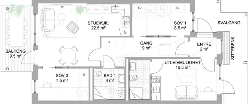Alternativ planløsning: utleiedel, mot ekstra kostnad